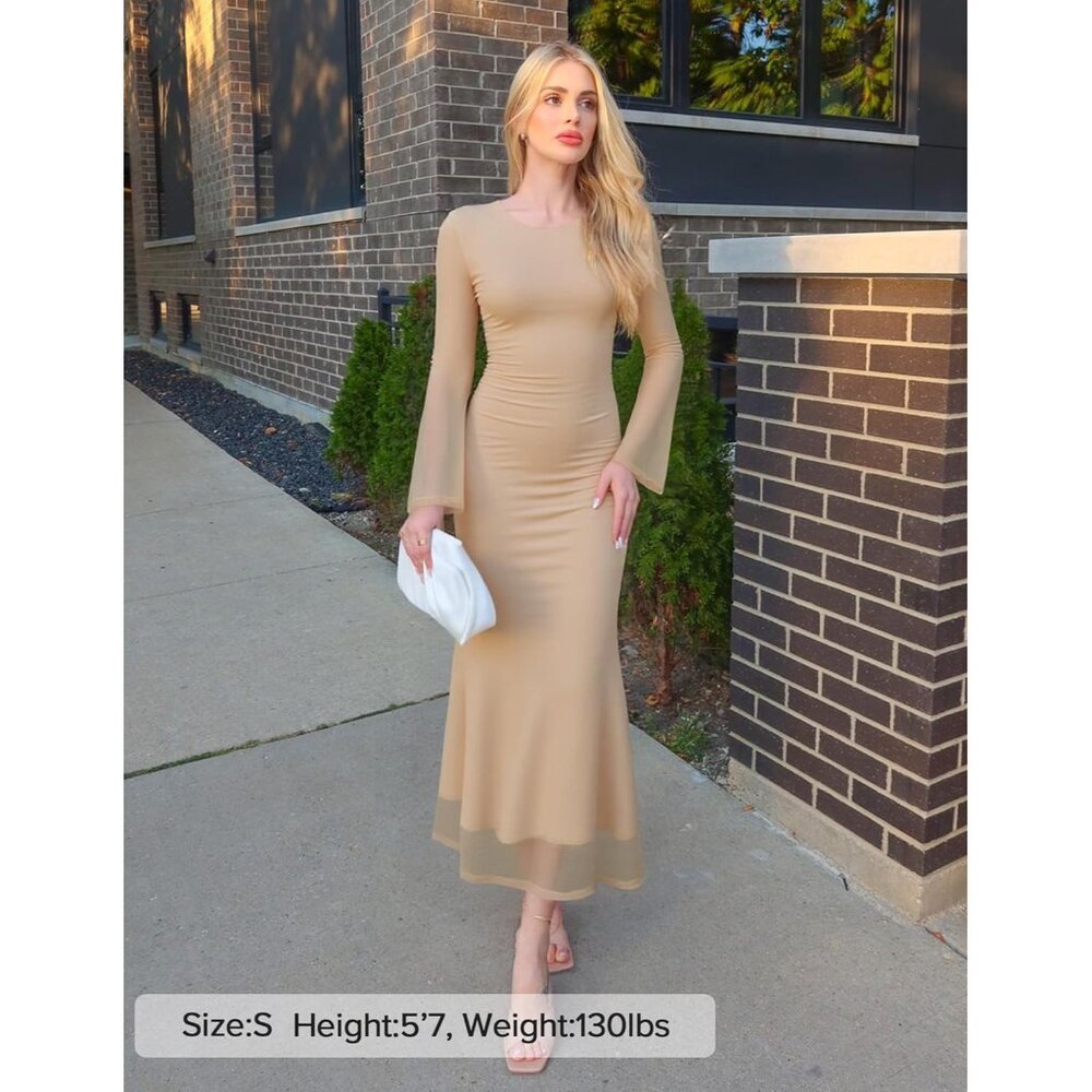 Zesica Women's Solid Apricot Ruched Mesh Long Sleeve Floral Bodycon Dress - Picture 5 of 6